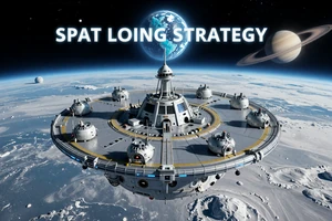 Starfall Outpost: A space colony building game showing a human settlement on an icy moon with Saturn visible