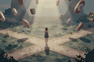Echo Northstar: A story-rich indie game showing a woman at a crossroads in a surreal dreamlike world with floating memories