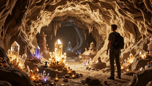 Underplayed Route collection: Explorer discovering a secret glowing crystal cave with ancient wonders and golden light