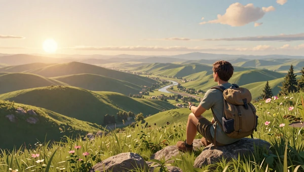 Quiet Travel Route collection: A traveler overlooking serene green valleys at sunrise in a cozy open world game
