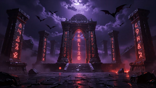 Shadow Quest Route collection: Ancient cursed ruins in a stormy night with glowing magical runes and deep purple atmosphere