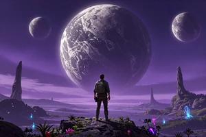 Northline Horizon: A sci-fi RPG set on an alien planet with bioluminescent flora under a purple sky