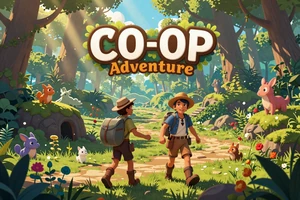 Pinewake Pact: A co-op adventure game showing two adventurers exploring a magical forest with fantasy creatures