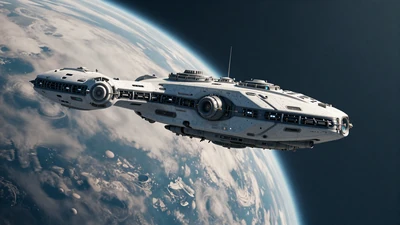 Starfall Outpost review thumbnail: Sci-fi colony ship approaching a new planet with dramatic blue lighting
